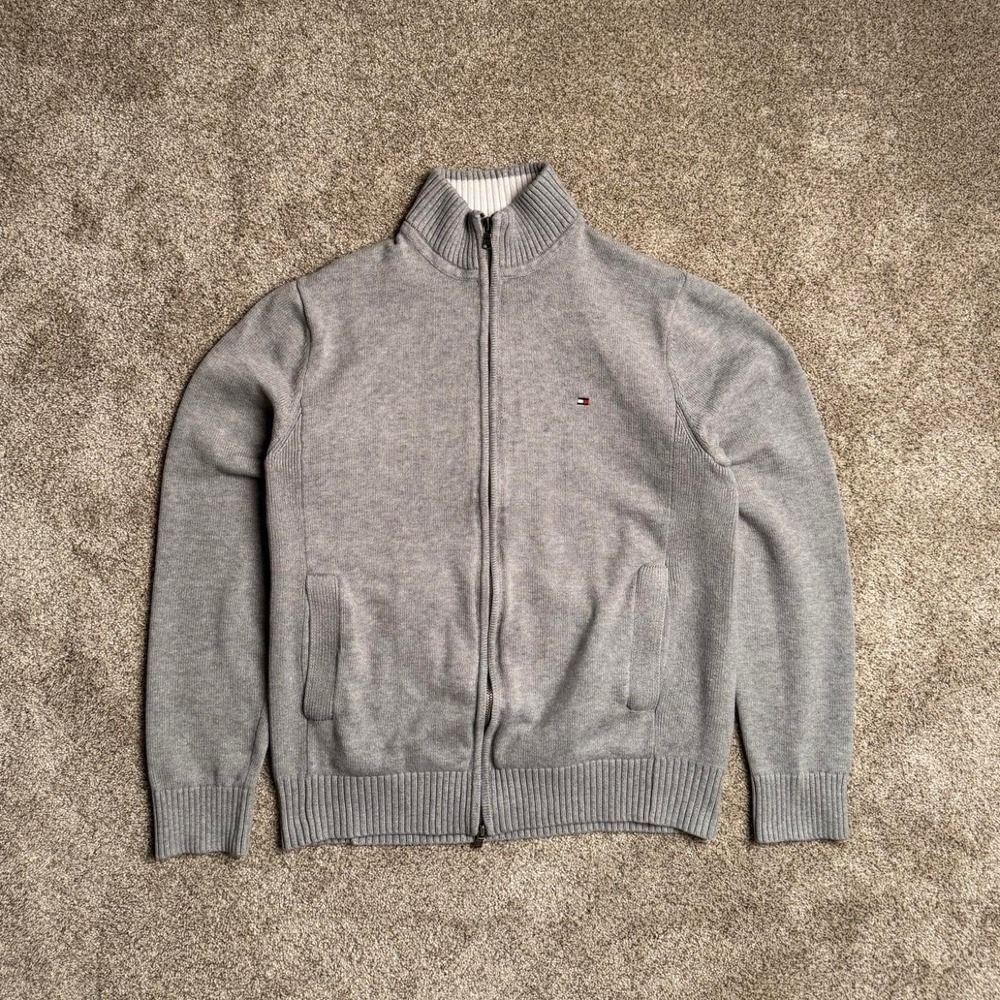HEATHER GREY TOMMY HILFIGER KNIT ZIP UP JACKET